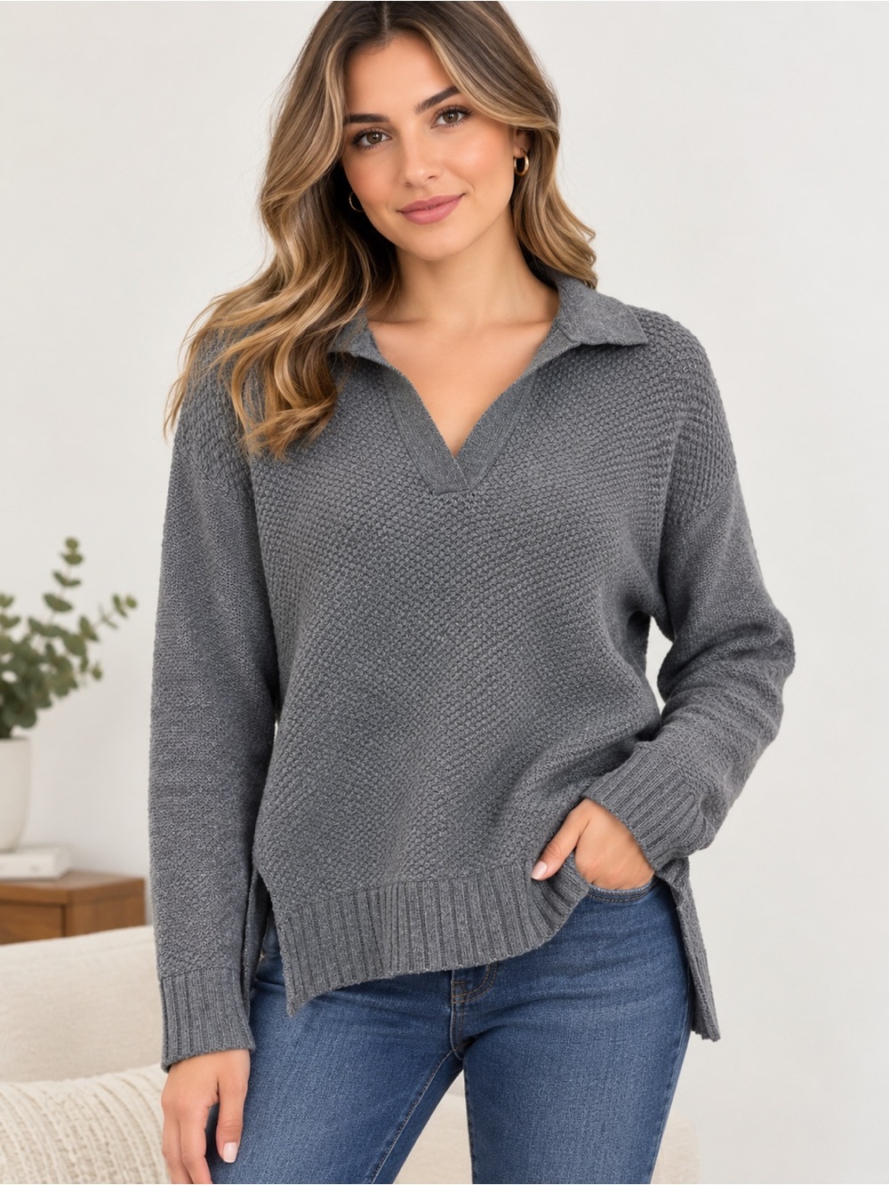 Tory Burch Wool Gray Textured Knit V-Neck Sweater Size Medium